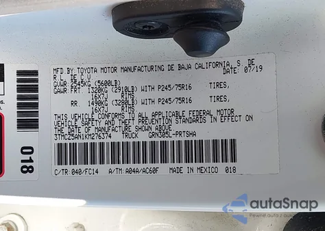 2019 Toyota Tacoma Sr5 V6 z USA, uszkodzony, nr VIN 3TMCZ5AN1KM276374